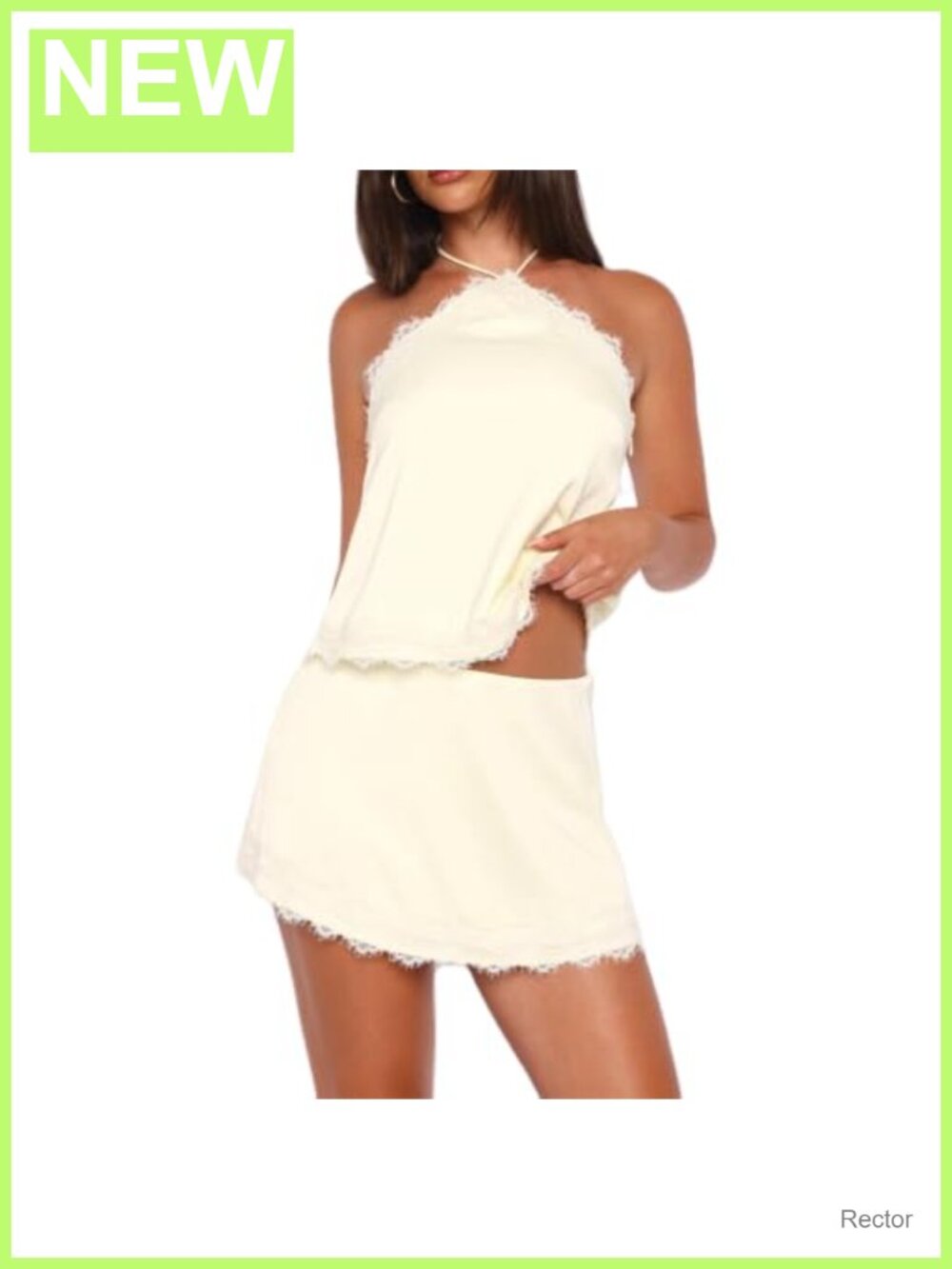 Satin Lace Trim Tie Back Tank Top & Mini Skirt Set Sleeveless 2 Piece